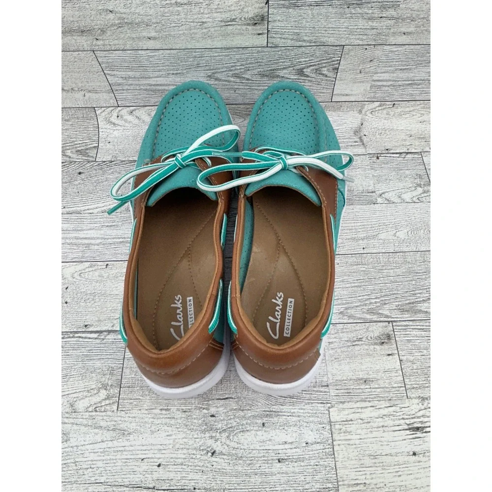 Clarks Collection Teal Suede Boat Shoes‎ Brown Leather Trim 7M 26100156